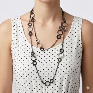 Gunmetal Circle Charm Station Necklace | Long Modern Layered 47”
